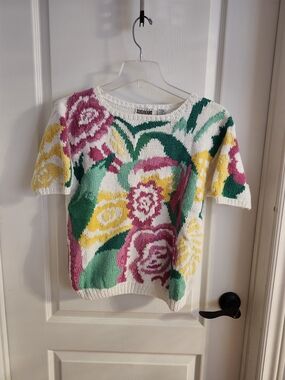 Floral Knit Short Sleeve Sweater in White, Pink, Yellow & Green